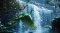 AI creates images of A dynamic scene capturing a green peacock in flight