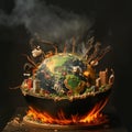 AI creates images of A earth model in the wok, fire under the wok, Royalty Free Stock Photo