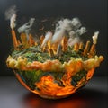 AI creates images of A earth model in the wok, fire under the wok,