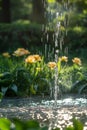 AI creates images of a fountain of water in a sunny,summer forest, dewy green grass, shiny reflective drops of water