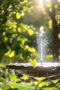 AI creates images of a fountain of water in a sunny,summer forest, dewy green grass, shiny reflective drops of water Royalty Free Stock Photo