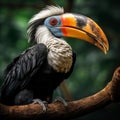 AI creates images of A Great hornbill,Rhinoceros hornbill ,Buceros bicornis is hornbill perches on a branch in a dense forest,