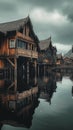 AI creates images, houses along the river with boat travel Using a wooden rowing boat, rural style,