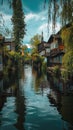 AI creates images, houses along the river with boat travel Using a wooden rowing boat, rural style,