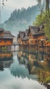 AI creates images, houses along the river with boat travel Using a wooden rowing boat, rural style, Royalty Free Stock Photo