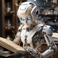 AI creates images, identical AI robots sitting at desk in the office and working with computers, one robot is looking at camera