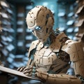 AI creates images, identical AI robots sitting at desk in the office and working with computers, one robot is looking at camera