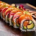 AI creates images, Japanese food, raw fish sushi,Sushi roll with salmon Royalty Free Stock Photo