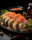 AI creates images, Japanese food, raw fish sushi,Sushi roll with salmon Royalty Free Stock Photo