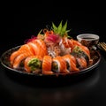 AI creates images japanese sushi food,Assorted nigiri and maki big set on slate. Royalty Free Stock Photo