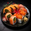 AI creates images japanese sushi food,Assorted nigiri and maki big set on slate. A variety of Japanese sushi Royalty Free Stock Photo