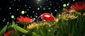 AI creates images of ladybugs sitting on flower stamens and Clover leaves.