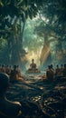 AI creates images, many monks Sitting and bowing down to the Buddha image, the concept of important Buddhist days