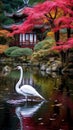 AI creates images of old houses Eastern, Chinese, Japanese style. Build a house near a waterfall or river, canal. Royalty Free Stock Photo