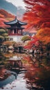 AI creates images of old houses Eastern, Chinese, Japanese style. Build a house near a waterfall or river, canal. Royalty Free Stock Photo