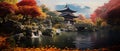 AI creates images of old houses Eastern, Chinese, Japanese style. Build a house near a waterfall or river, canal. Royalty Free Stock Photo