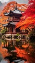 AI creates images of old houses Eastern, Chinese, Japanese style. Build a house near a waterfall or river, canal. Royalty Free Stock Photo