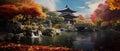 AI creates images of old houses Eastern, Chinese, Japanese style. Build a house near a waterfall or river, canal. Royalty Free Stock Photo