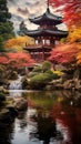 AI creates images of old houses Eastern, Chinese, Japanese style. Build a house near a waterfall or river, canal. Royalty Free Stock Photo