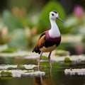 AI creates images of a Pheasant-tailed Jacana bird in a white lotus pond.Colorful images