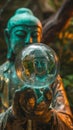 AI creates images photo of a old buddha statue holding a glassball