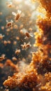 AI creates images of propolis, Beehive, with bees flying to the hive. To use flower pollen to produce nectar, honey Royalty Free Stock Photo