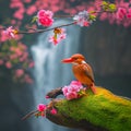 AI creates images of A Ruddy kingfisher sits on a fallen cherry blossom branch