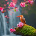 AI creates images of A Ruddy kingfisher sits on a fallen cherry blossom branch