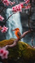 AI creates images of A Ruddy kingfisher sits on a fallen cherry blossom branch