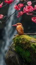 AI creates images of A Ruddy kingfisher sits on a fallen cherry blossom branch