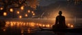 AI creates images, sharp photos of Monks meditating near the riverside At night, Royalty Free Stock Photo