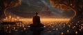 AI creates images, sharp photos of Monks meditating near the riverside At night, Royalty Free Stock Photo