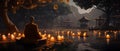 AI creates images, sharp photos of Monks meditating near the riverside At night, Royalty Free Stock Photo