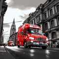 AI creates images of a small red ambulance driving through a busy city street