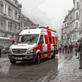 AI creates images of a small red ambulance driving through a busy city street