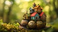 AI creates images of a snail in the middle of the forest, colorful houses stack on top of the snail, surreal architecture, sunny, Royalty Free Stock Photo