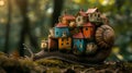 AI creates images of a snail in the middle of the forest, colorful houses stack on top of the snail, surreal architecture, sunny, Royalty Free Stock Photo