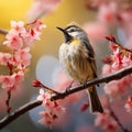 AI creates images of sparrows sitting on the branches of cherry blossom trees