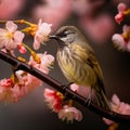 AI creates an image of a sparrow sitting on a branch. Near the waterfall and cherry blossom forest