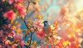 AI creates images of A sunny garden with colorful flowers and a bird singing in the tree, depth of field control method Royalty Free Stock Photo