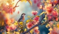 AI creates images of A sunny garden with colorful flowers and a bird singing in the tree, depth of field control method Royalty Free Stock Photo