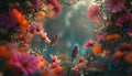 AI creates images of A sunny garden with colorful flowers and a bird singing in the tree, depth of field control method Royalty Free Stock Photo