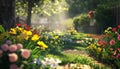 AI creates images of A sunny garden with colorful flowers and a bird singing in the tree, Royalty Free Stock Photo