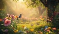 AI creates images of A sunny garden with colorful flowers and a bird singing in the tree, Royalty Free Stock Photo