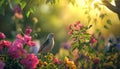 AI creates images of A sunny garden with colorful flowers and a bird singing in the tree Royalty Free Stock Photo