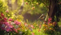 AI creates images of A sunny garden with colorful flowers and a bird singing in the tree Royalty Free Stock Photo