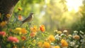 AI creates images of A sunny garden with colorful flowers and a bird singing in the tree Royalty Free Stock Photo