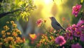 AI creates images of A sunny garden with colorful flowers and a bird singing in the tree Royalty Free Stock Photo