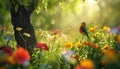 AI creates images of A sunny garden with colorful flowers and a bird singing in the tree Royalty Free Stock Photo