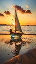 AI creates images of At sunset, An old glass bottle on the white sandy beach, Royalty Free Stock Photo